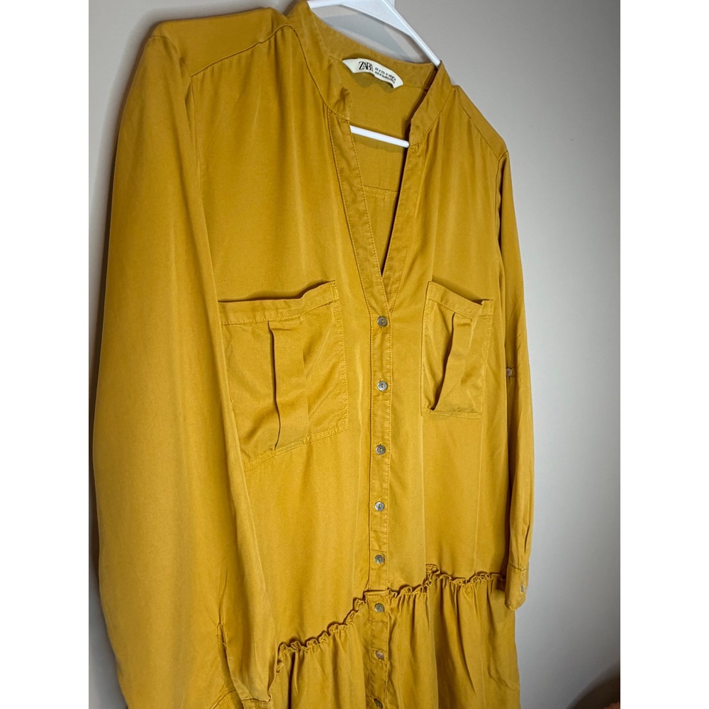 Zara Mustard Yellow Button Down Mini Dress Tiered Ruffle Long Sleeve Womens M - Picture 4 of 9